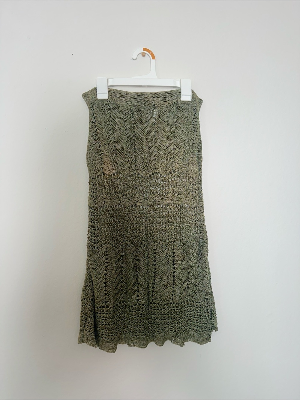 IDIFU Olive Green Crochet A-Line Midi Skirt